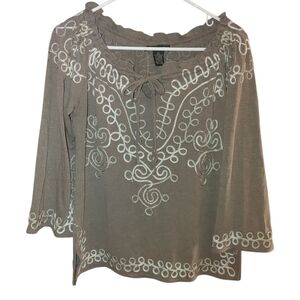 Lauren Michelle Women's Embroidered Brown Top W/bell Sleeve, Size M